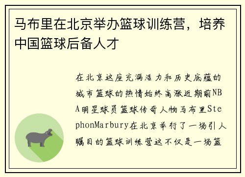马布里在北京举办篮球训练营，培养中国篮球后备人才